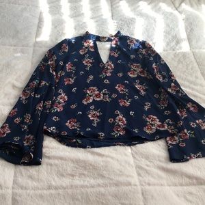 V-Neck Floral Top with Flare Sleeves